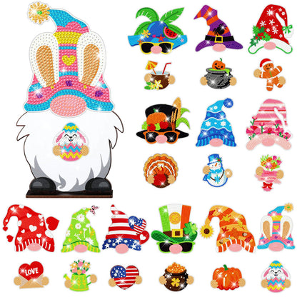 Burbell 24 Pcs Magnetic Diamond Painting Interchangeable Standing Posture Gnome Decor Welcome Signs DIY Holiday Seasonal Tiered Tray Decoration Easter Day Diamond Art Ornament with 12 Holiday Icons