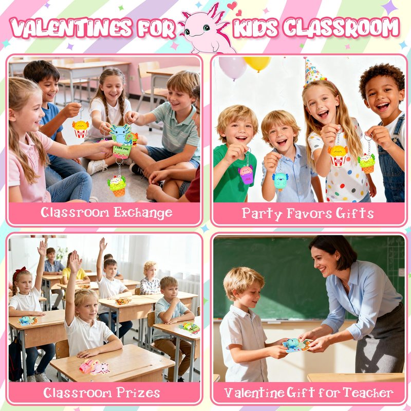 EULRGAUS Valentines Day Cards for Kids School, 24 PCS Food Axolotl Slow Rising Squishy Toys, Valentines Cards for Kids Classroom with Keychains, Valentines Classroom Exchange Party Favors Gifts