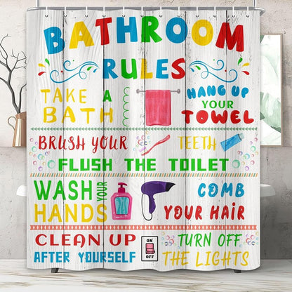 4 Pcs Kids Shower Curtain Sets, Funny Teen Boy Girl Bathroom Sets with Non-Slip Rugs and Accessories, Cute Colorful Bathroom Rules Fabric Toilet Lid Cover and Bath Mat, Shower Curtain with 12 Hooks.