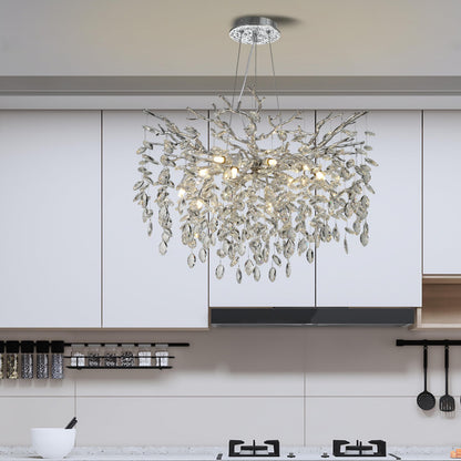 KVTOEP Modern Crystal Tree Branches Chandelier, 30in Silver 10 Lights Large Ceiling Hanging Light for Dining Room, Round Raindrop Pendant Light Fixture