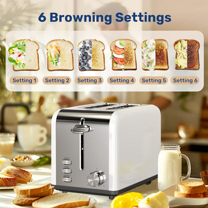 YSSOA 2-Slice Toaster - White, 6 Browning Settings, 3 Functions, Extra Wide Slot & Removable Crumb Tray for Bread &