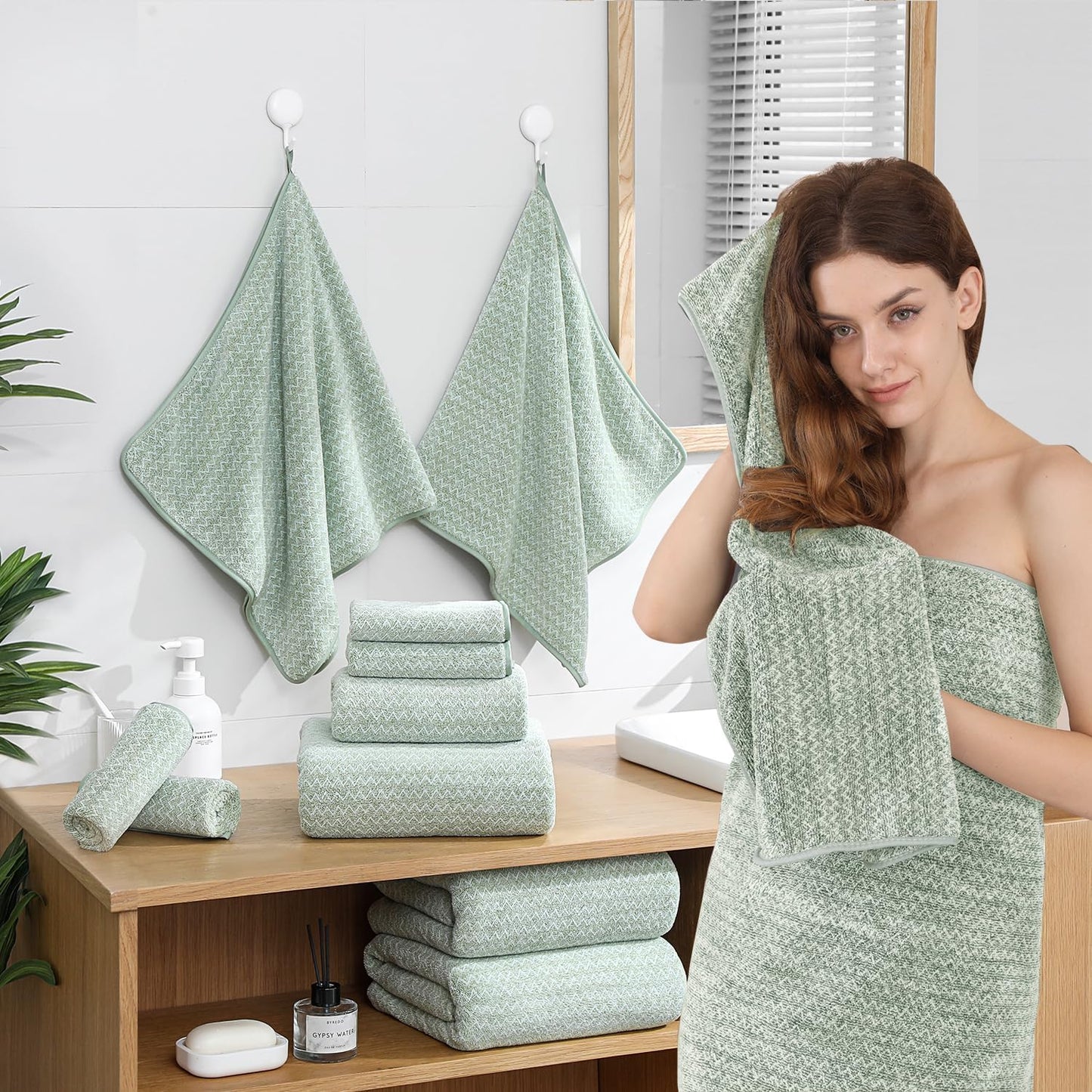 18 Set,100% Loops-6 Towels,6 Towels,6 Ycosy Piece Bath Towels Microfiber Family Bathroom Towel with Hanging Bath Hand