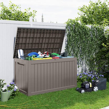 PatioZen 280 Gallon Outdoor Deck Box,Waterproof Resin Outdoor Storage Boxes, Outside Storage Lockable Container for Garden Tools,Indooor Cushions,Accessories (Grey)