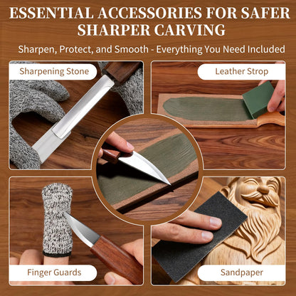 YOYUPETA Wood Carving Kit, 32-Piece Professional Whittling & Carving Tool Set with Walnut Handle Knives, Detail Gouges, Sharpening Stone, Strop, Basswood Blanks and Gloves for Adult Hobbyists & Craft