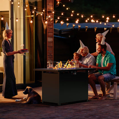 FansaFurn 43” Outdoor Propane Fire Table Set with Heavy-Duty Glass Stones, Glass Wind Guard, Lid & Water-Resistant Cover, 50,000 BTU Metal Fire Pit Table, Rectangle Fire Pit Table for Deck, Patio