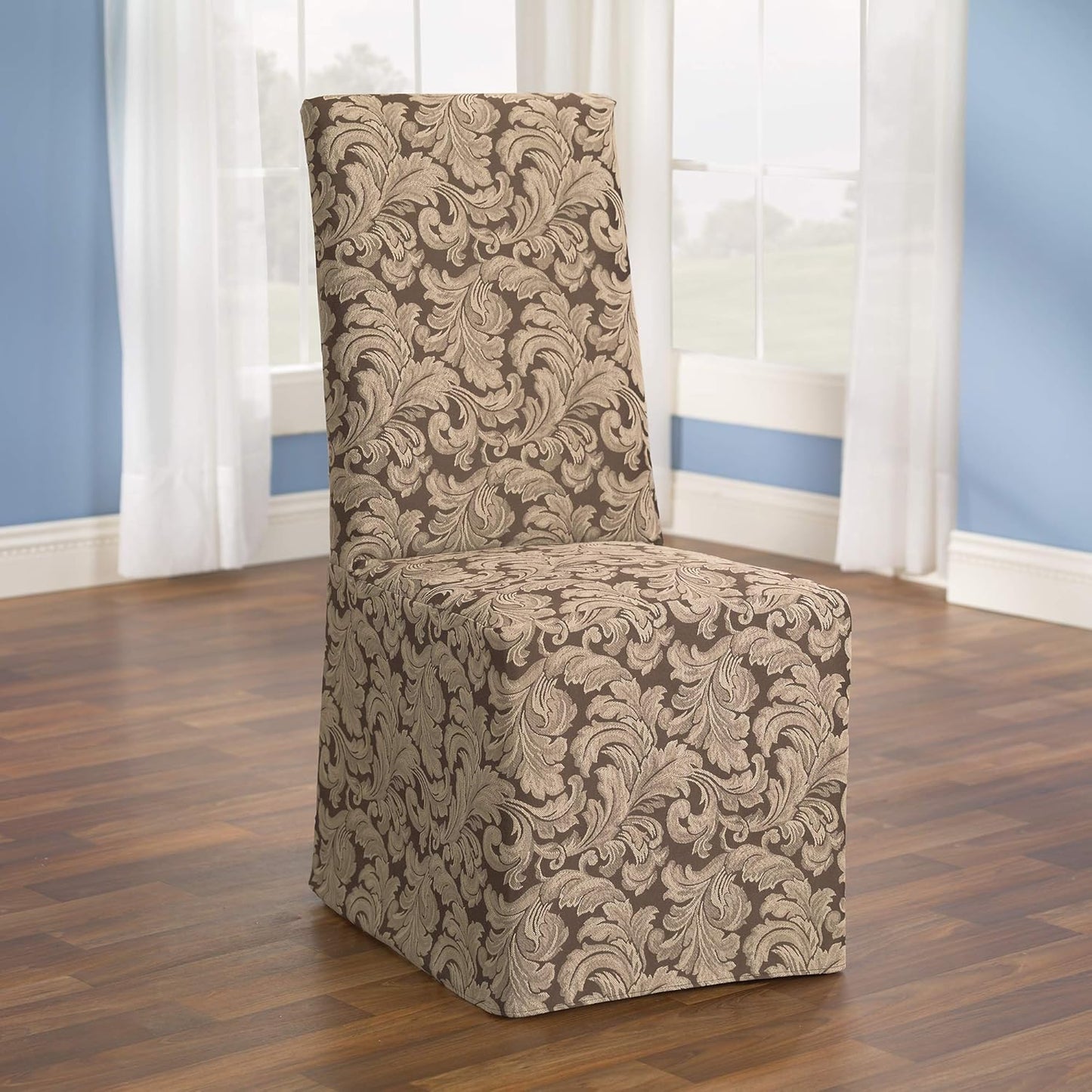 SureFit Scroll Dining Chair Slipcover - Long Skirt and Back Ties, Full Length Relaxed Fit High Back Chair Cover