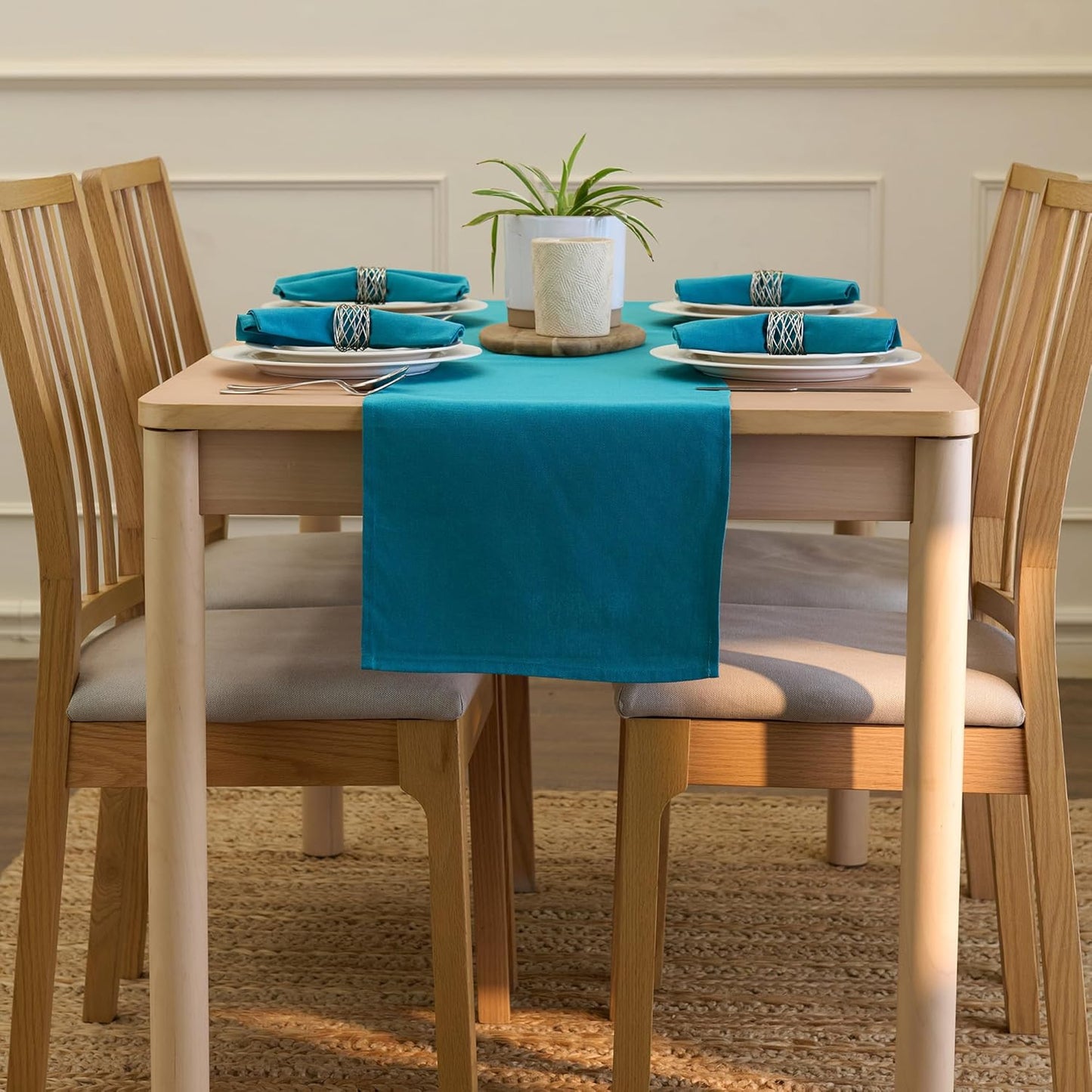 Encasa XO Long Table Runner 13x104 in Azul Blue Solid Color | Durable Cotton Canvas Fabric | Machine Washable