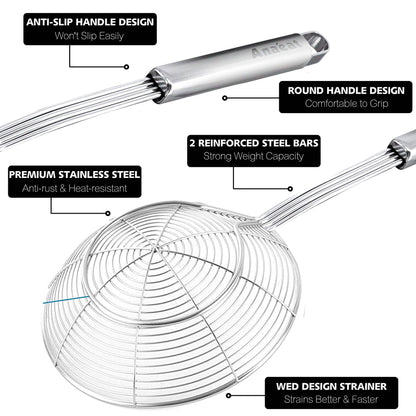 Anaeat Stainless Steel Spider Strainer Skimmer - Solid Kitchen Strainer Ladle with Long Handle for Cooking and Frying, Reinforced Double Coil Slotted Spoons for Pasta, Noodle, Spaghetti (7 Inch)