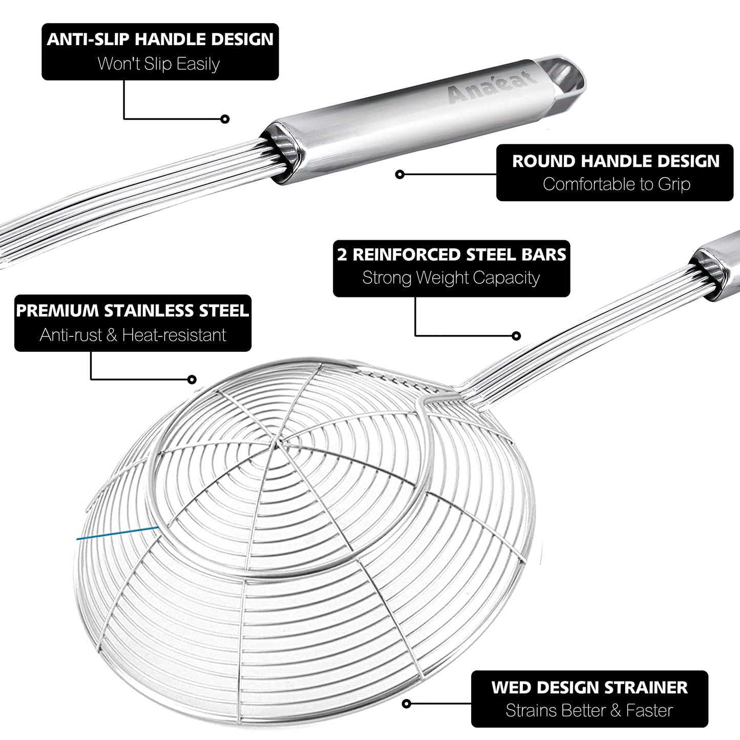Anaeat Stainless Steel Spider Strainer Skimmer - Solid Kitchen Strainer Ladle with Long Handle for Cooking and Frying, Reinforced Double Coil Slotted Spoons for Pasta, Noodle, Spaghetti (5.5 Inch)