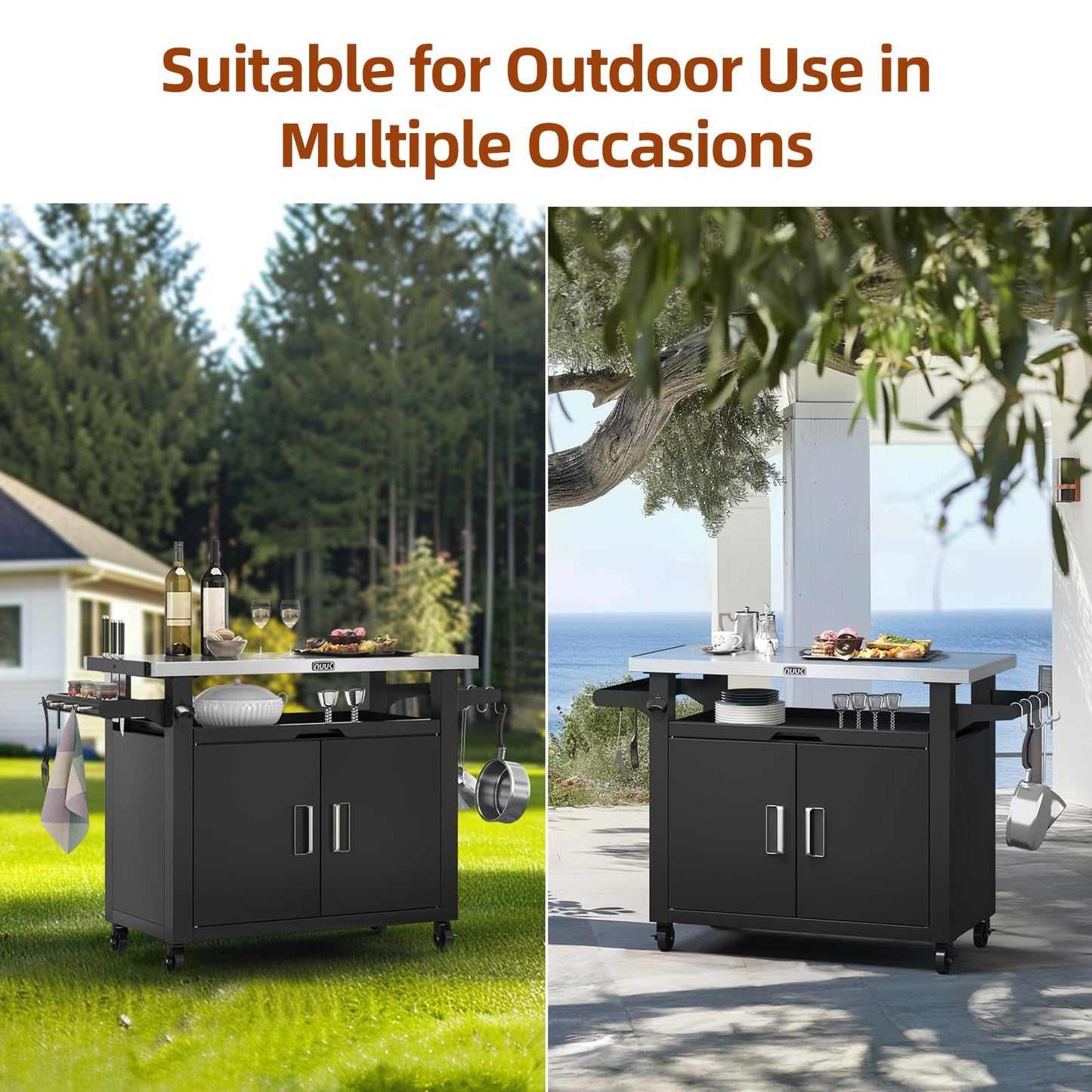 NUUK Outdoor Grill Cart with Storage Cabinet Metal Kitchen Island Prep Table with Movable Universal Wheels and Stainless Steel Top for Outside BBQ Backyard Include Hooks Spice Rack