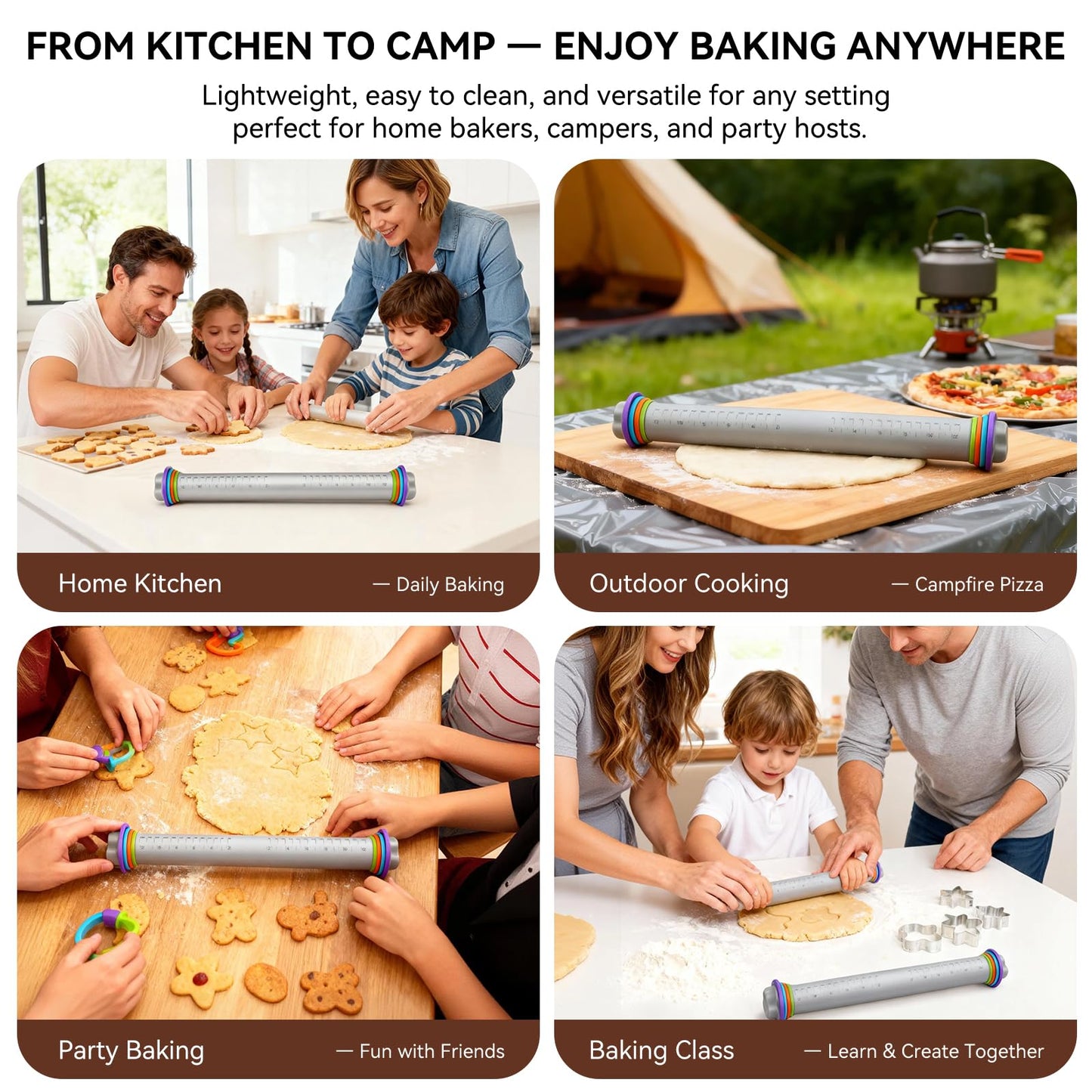 Adjustable Rolling Pin with Thickness Rings, 12.8" Silicone Non Stick Dough Roller for Pizza, Pastry, Fondant, Pie Crust, Baking Tool with Stainless Steel Core, Easy Clean