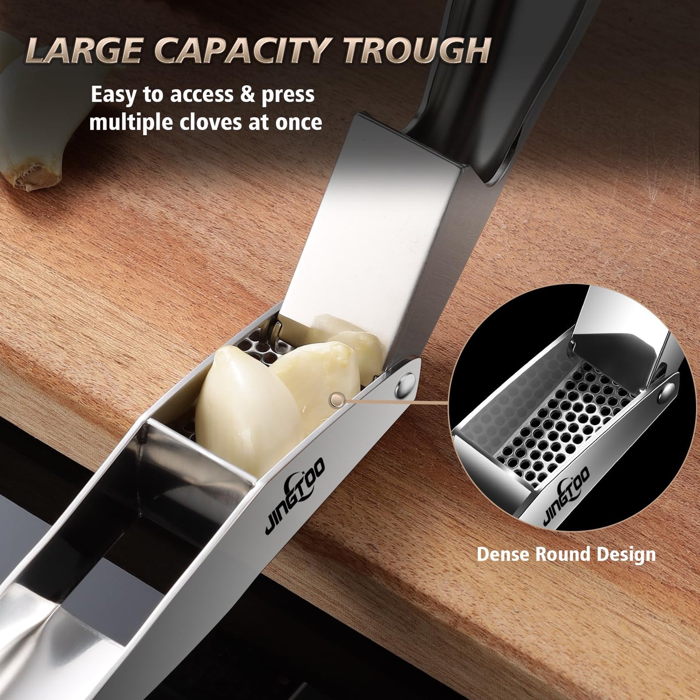 JINGTOO Garlic Press Stainless Steel, Premium Garlic Mincer - 5 Years Warranty - No Need to Peel Garlic Crusher, Ginger Masher & Presser Large Trough Ergonomic Handle, Easy Squeeze，Dishwasher Safe