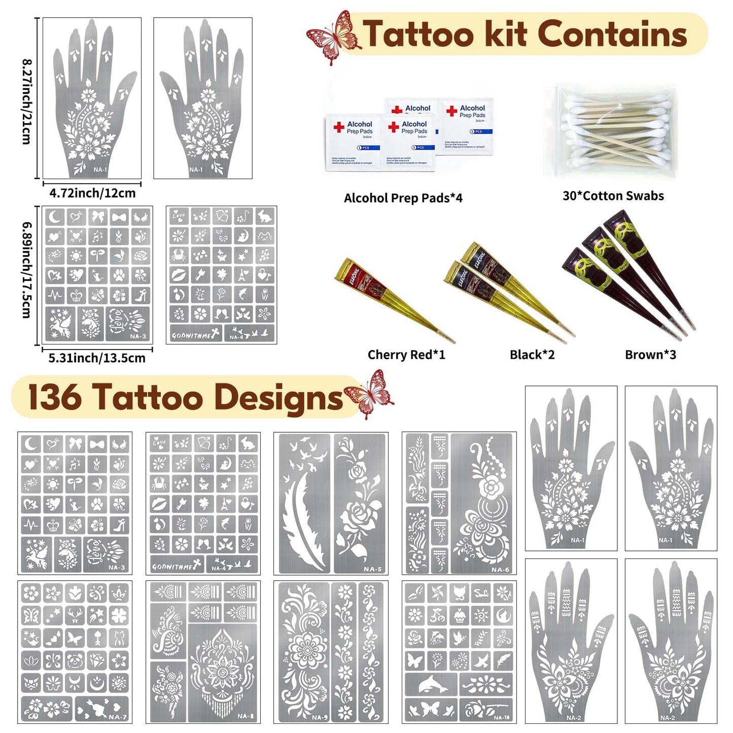 Gabizafia 136 PCS Henna Tattoo Stencil Kit, 6 PCS Ink Brown Black Cherry Red Henna DIY Face Body Art Mehndi Henna Stencils Skin Painting Tattoos Kit for Adult Women Men Bridal Wedding Ramadan Party