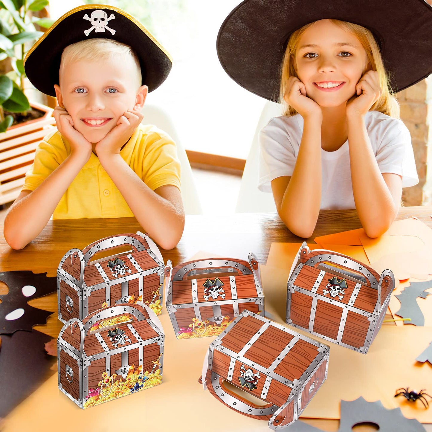 Censen 20 Pieces Pirate Treasure Treat Paper Chest Decoration Party Favor Goodie Box Candy Decoration Box for Halloween Performance Play Theater Costume Party Supplies