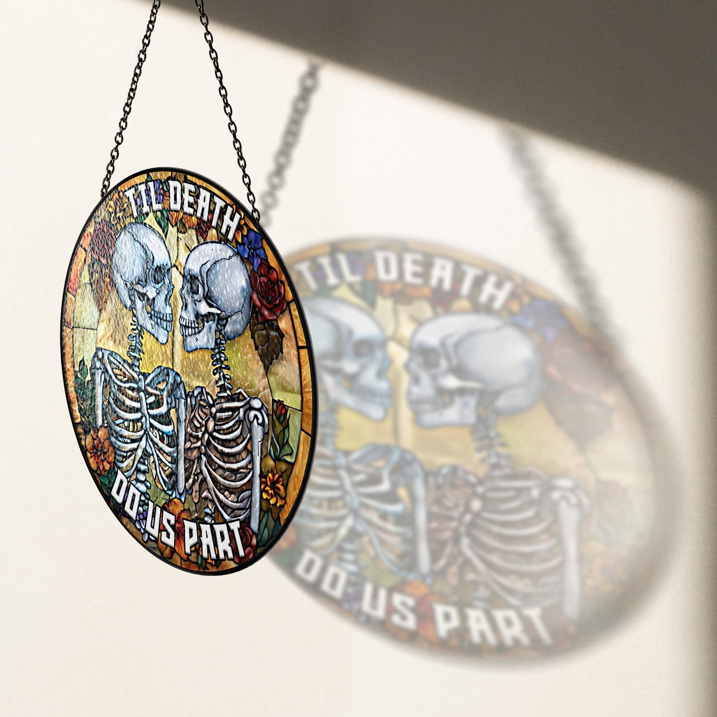 7.8" Skeleton Couple Stained Glass Suncatchers, Gifts for Women Men Wife Husband Hanging Indoor Window, Decorative Halloween Valentine Skeleton Lovers Kissing ART-01E-SG8