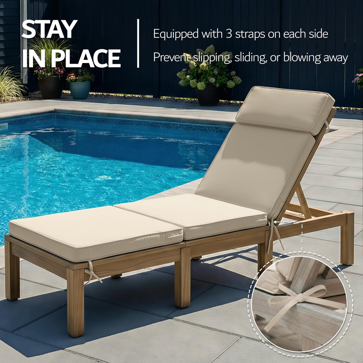 Honorbox 80 x 26 Inch Outdoor Chaise Lounge Cushions Set of 4 - Removable Cover, 4-Section Design, Water-Repellent & Fade-Resistant, 6 Tie Straps, Replacement for Patio & Pool Chairs - Cream