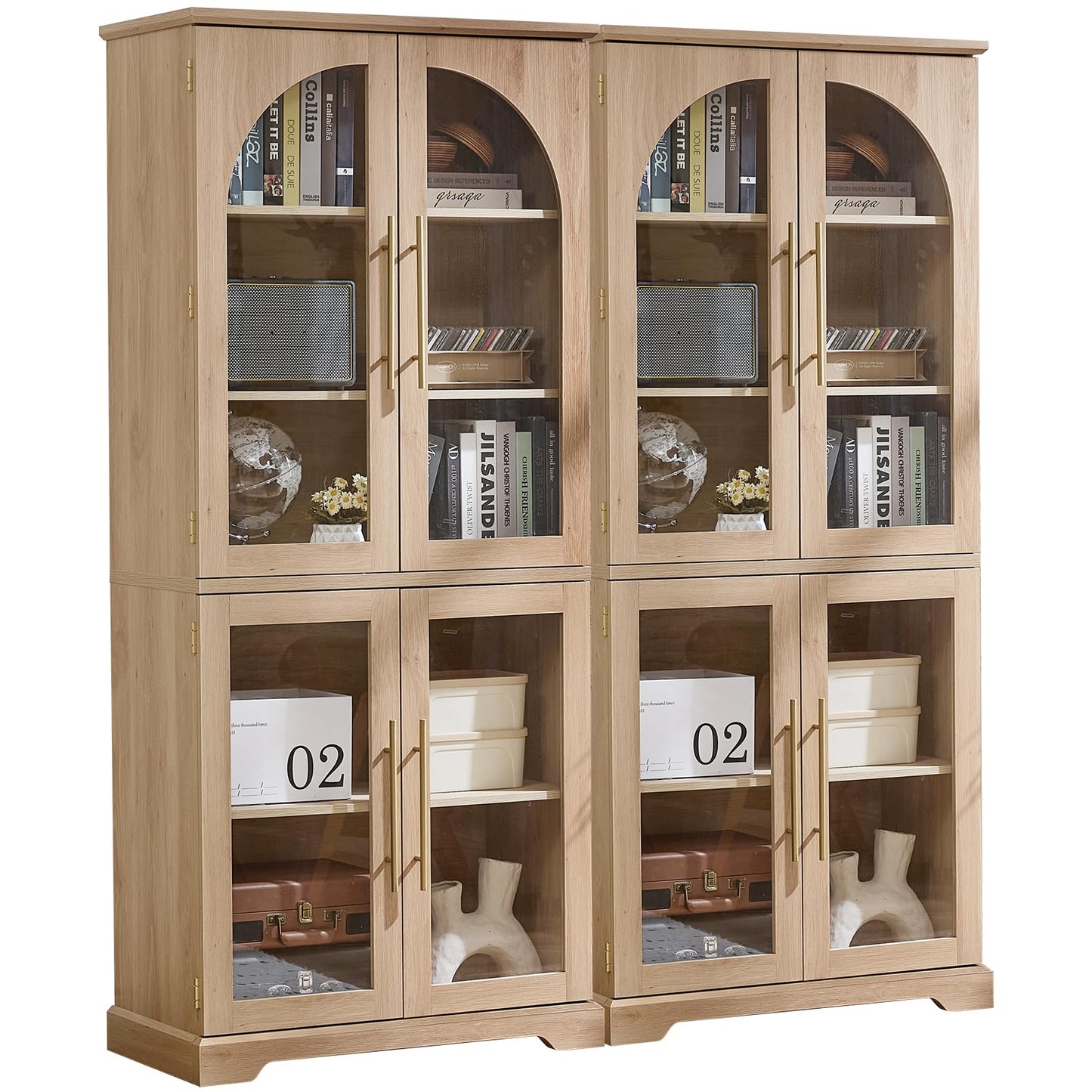 Joaxswe 72" Tall Bookshelf Set of 2, Farmhouse Bookcase with 3-Tier Adjustable Shelves, Modern Living Room Display Cabinet with Glass Doors, Large Storage Cabinet for Home Office,Dining Room, Natural