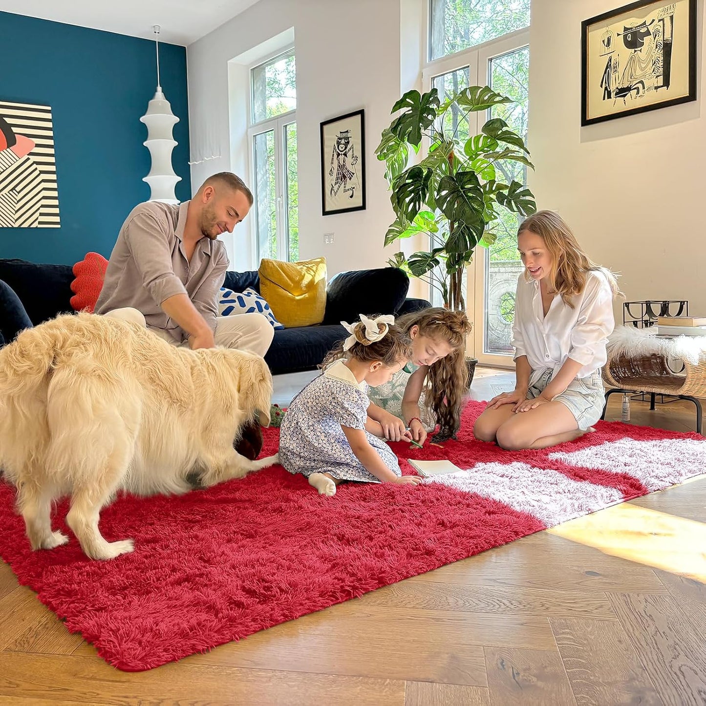 OLANLY Area Rugs - Soft Fluffy Shaggy Carpet for Living Room & Bedroom | Machine Washable 4x5.9 ft, Red