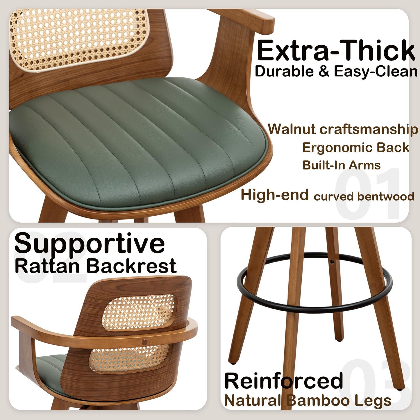 WUPOTO Bar Stools Set of 2, 29.7" Bar Height 360° Swivel Stools with Ergonomic Rattan Back, Faux Leather Seat, Bamboo Legs with Walnut Finish, Mid-Century Style (Green)