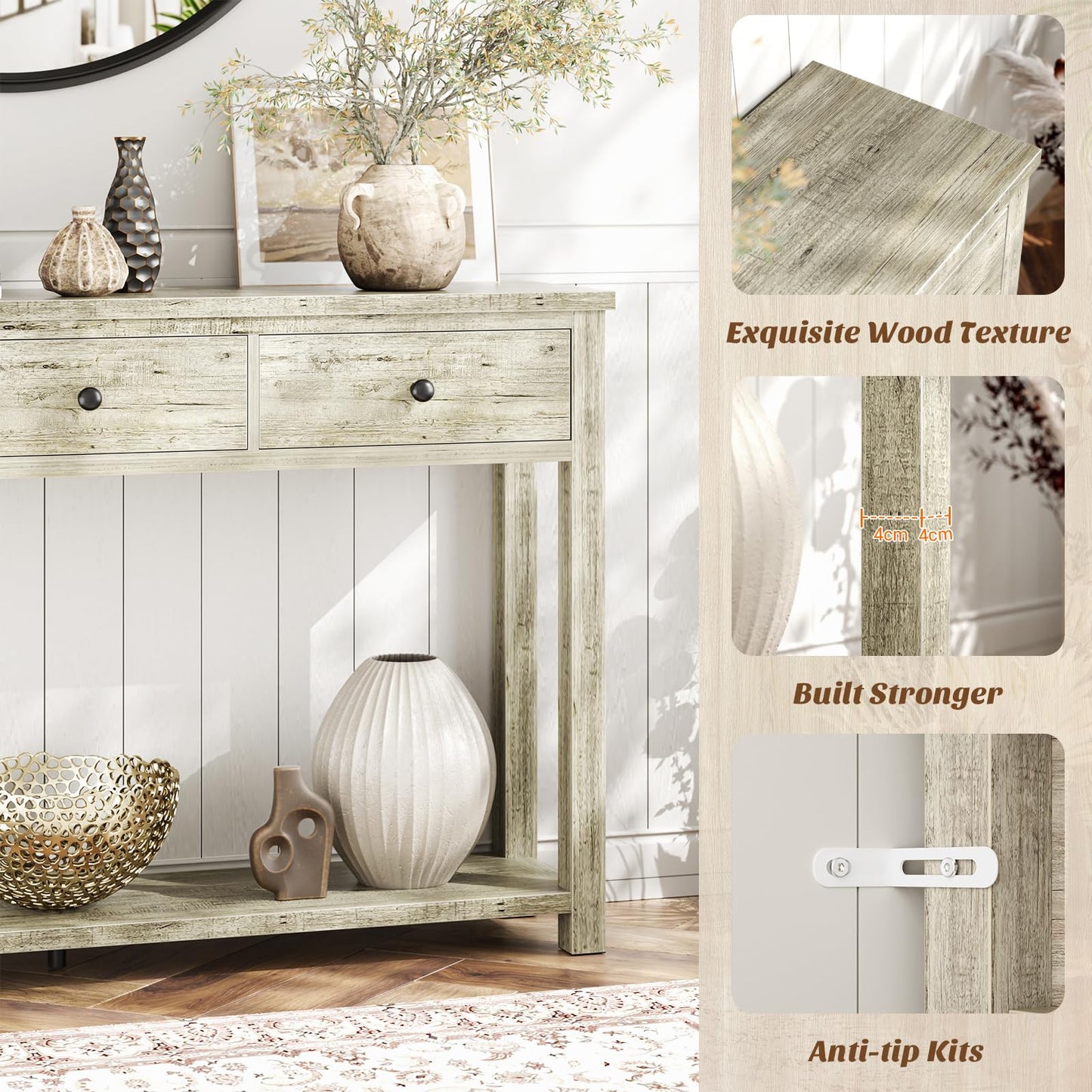 Homieasy Farmhouse Console Table with 3 Drawers, 47 Inch Wood Sofa Table with Storage Shelf for Living Room, Behind Couch, Entryway Table for Hallway, Living Room, or Foyer, Light Rustic Oak