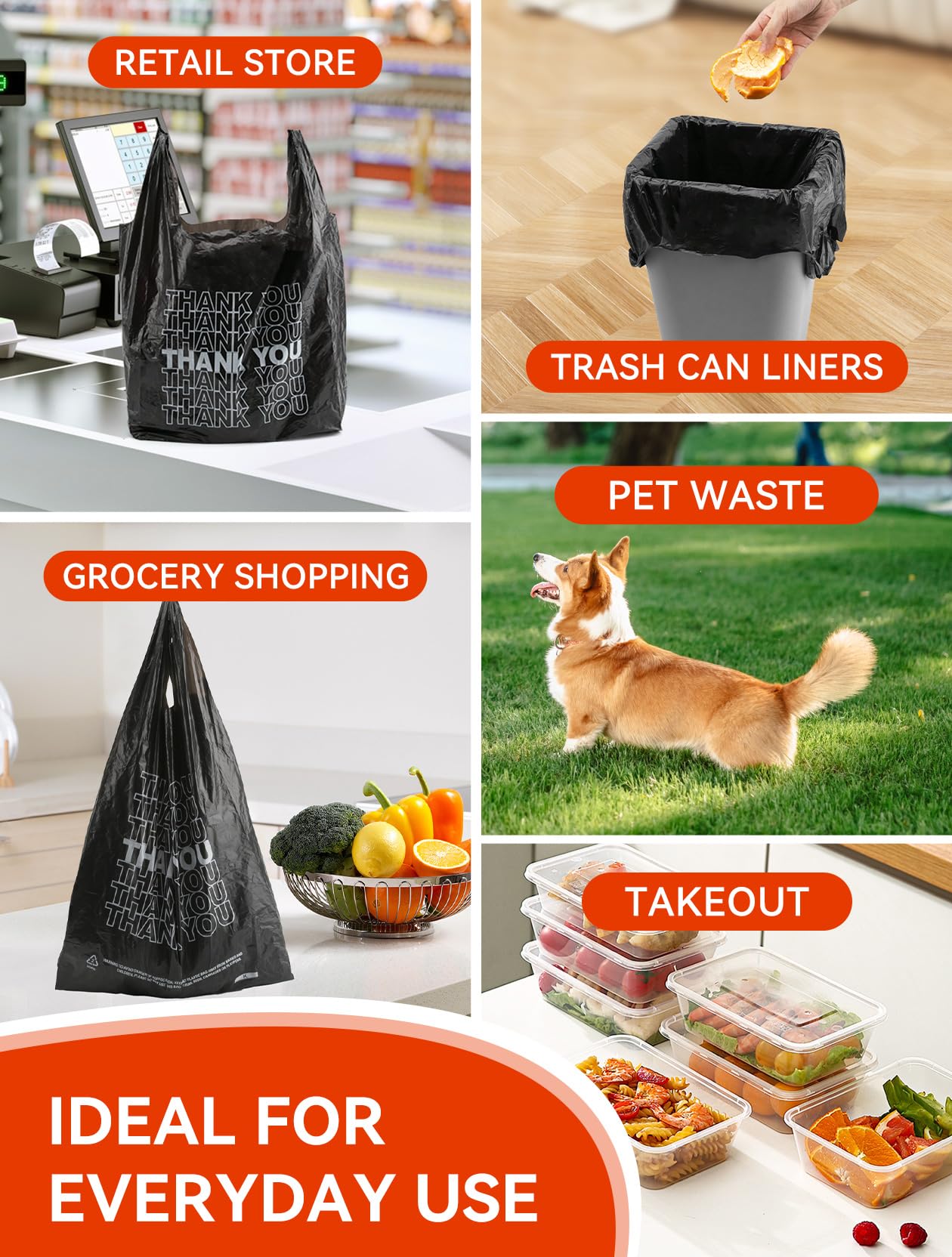UMT Plastar 300 Count Thank You Bags, 12 x 6 x 22 in, 15 Mic Black Grocery Bags