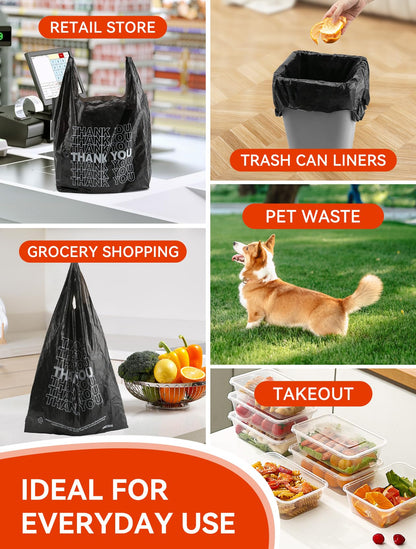 UMT Plastar 300 Count Thank You Bags, 12 x 6 x 22 in, 15 Mic Black Grocery Bags