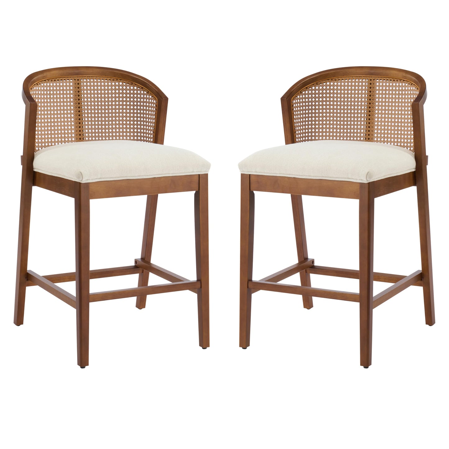 Christopher Knight Home JENA Rattan Counter Stools Set of 2, Counter Height Bar Stools for Bar Table, Rubberwood Frame with Upholstered Barstools, Wood Accent Chair with Footrest, Beige + Walnut