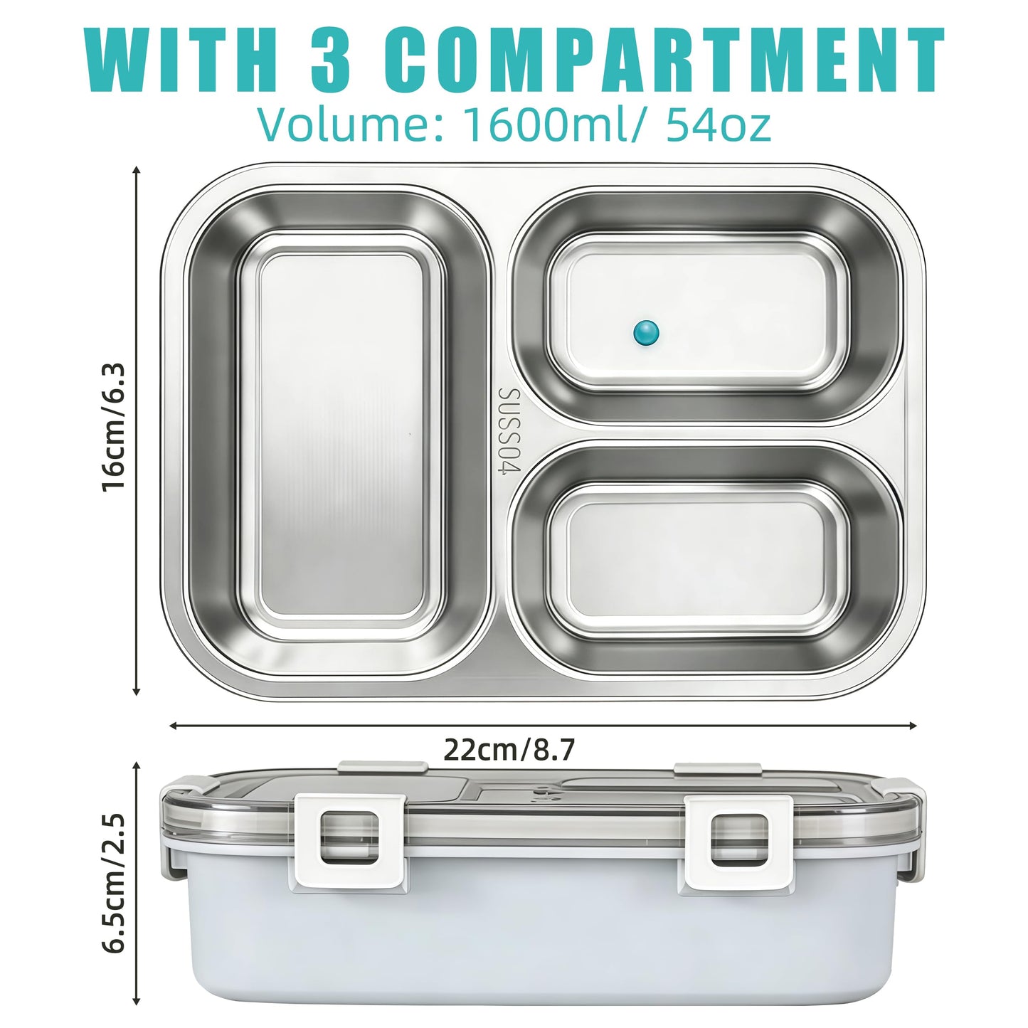 BSTUR Stainless Steel Bento Box for Adults, 3-Compartment Meal Prep Lunch Container with Bottom Tray & Cutlery, Portable for Work, Gym & Travel – Grey