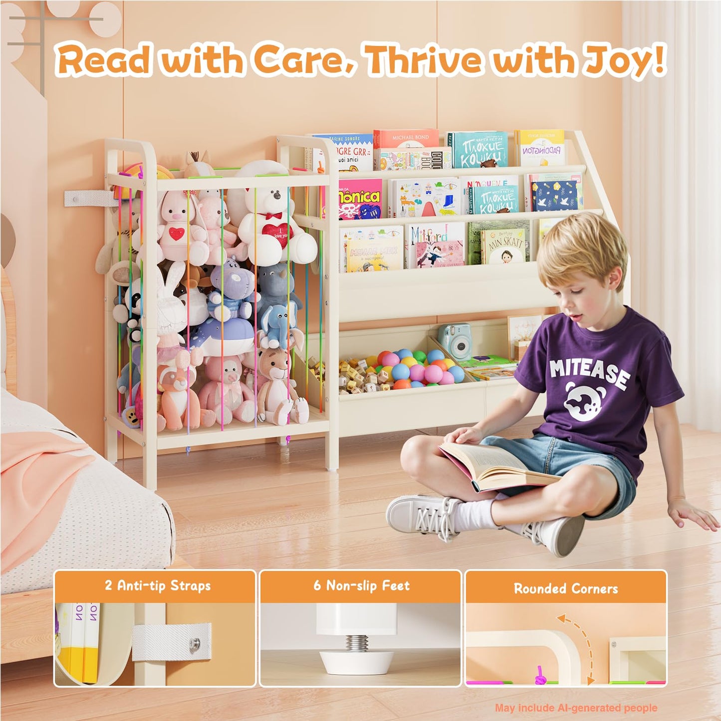 CYXPHION B5 Kids Bookshelf and Toy Storage, Book Shelf for Kids Rooms, Sling Toddler Book Shelves with Stuffed Animal Storage, Montessori Baby Bookcase for Nursery, Bedroom, Playroom, White