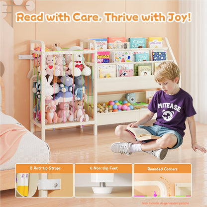 CYXPHION B5 Kids Bookshelf and Toy Storage, Book Shelf for Kids Rooms, Sling Toddler Book Shelves with Stuffed Animal Storage, Montessori Baby Bookcase for Nursery, Bedroom, Playroom, White