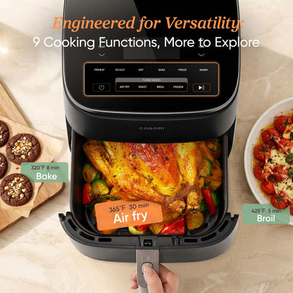 Cosori 9-in-1 TurboBlaze Air Fryer 6 Qt, PFAS-Free Ceramic Coating, 90°–450°F, Precise Heating for Even Results, Air Fry, Roast, Bake, Broil, Dry, Frozen, Proof, Reheat, Keep Warm, 120V, Dark Gray