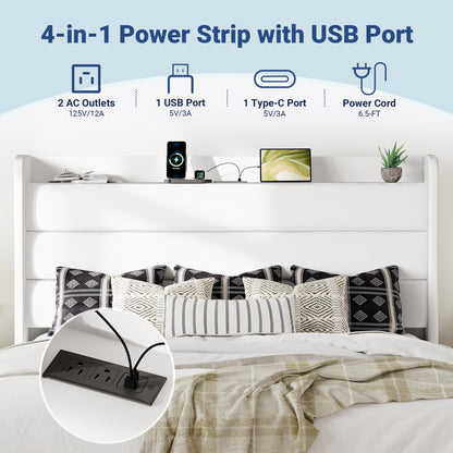 Allewie King Size Upholstered Bed Frame with Charging Station & Storage Headboard, Soft Velvet Wingback Platform Bed, Strong Wooden Slats Support, No Box Spring Needed, Easy Assembly, White