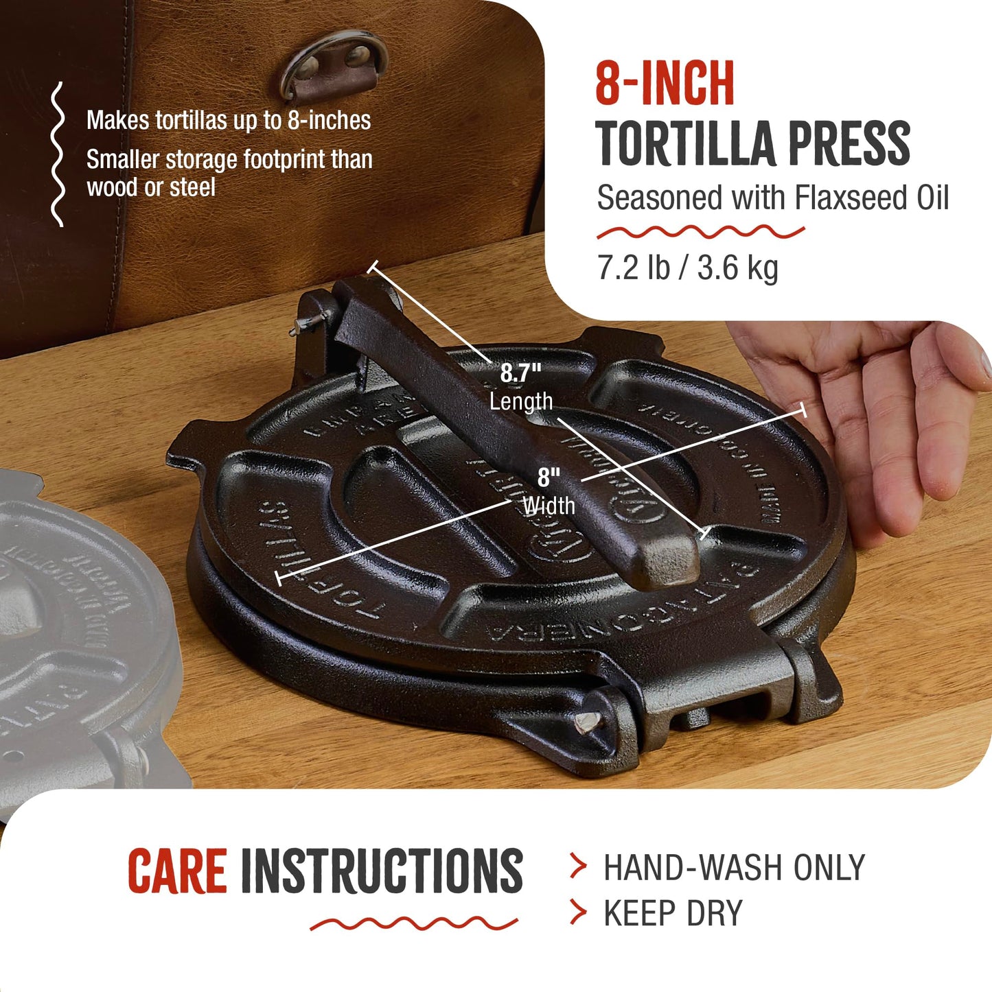 Victoria 8 Inches Cast Iron Tortilla Press, Roti Maker and Tortilladora, Pataconera Seasoned with Flaxseed Oil, Made in Colombia, Traditional Style, Black