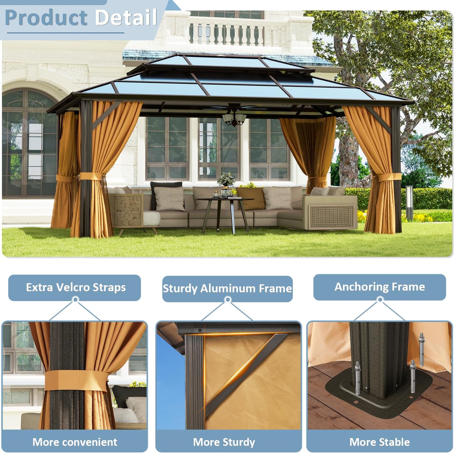 Aoxun 12'x16' Hardtop Gazebo, Aluminum Frame Permanent Pavilion with Curtains and Netting, Outdoor Polycarbonate Double Roof Canopy with Ceiling Fan, for Garden, Lawns, Patio, Brown