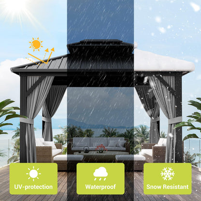 10x12FT Hardtop Gazebo, Heavy-Duty Aluminum Frame Canopy with Galvanized Steel Double Roof, Outdoor Pergola with Mosquito Netting & Waterproof Curtains for Patio, Backyard, Deck & Lawn