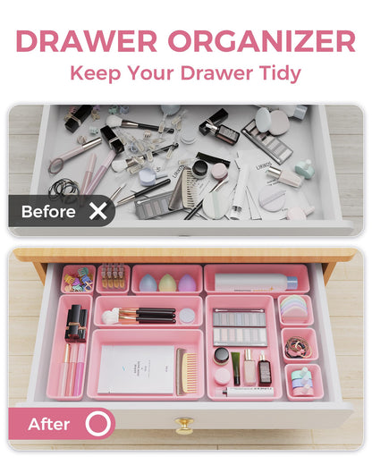 BiuLeon 25 PCS Plastic Drawer Organizers Set, 4-Sizes Vanity and Makeup Organizer, Desk and bathroom Drawer Organizer Trays, Organizers and Storage for Makeup, Jewelry, Gadgets, Utensils (Pink)