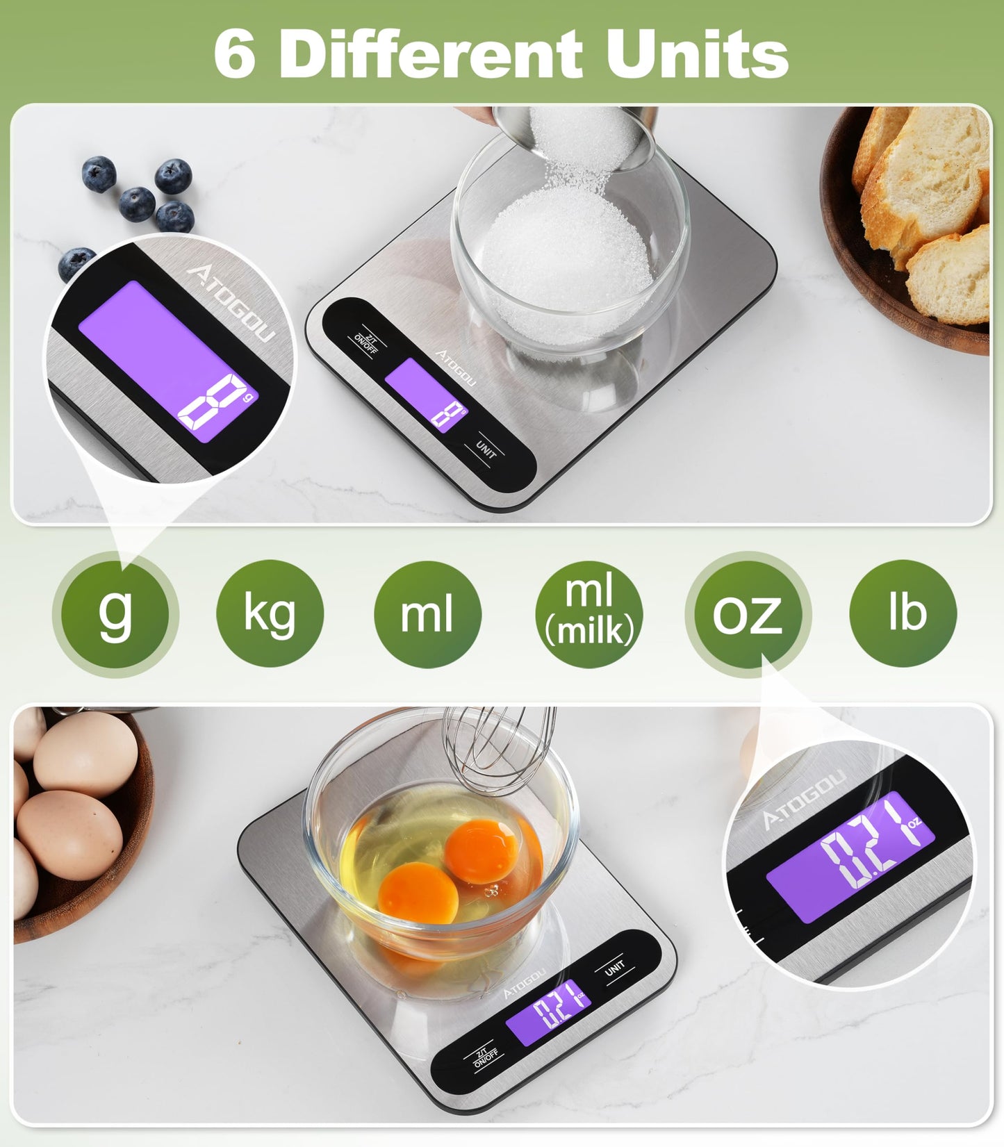 Atogou Food Scale, 33lb/ 15kg Digital Kitchen Scale with Full View LCD Display, Durable Stainless Steel Surface, for Cooking, Baking, Meal Prep Black