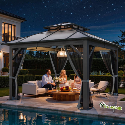YITAHOME 10X10FT Polycarbonate Hardtop Gazebo Outdoor Patio Double Top Canopy Galvanized Iron Metal Column Garden Tent Curtains Netting for Backyards Decks Lawns,Gray