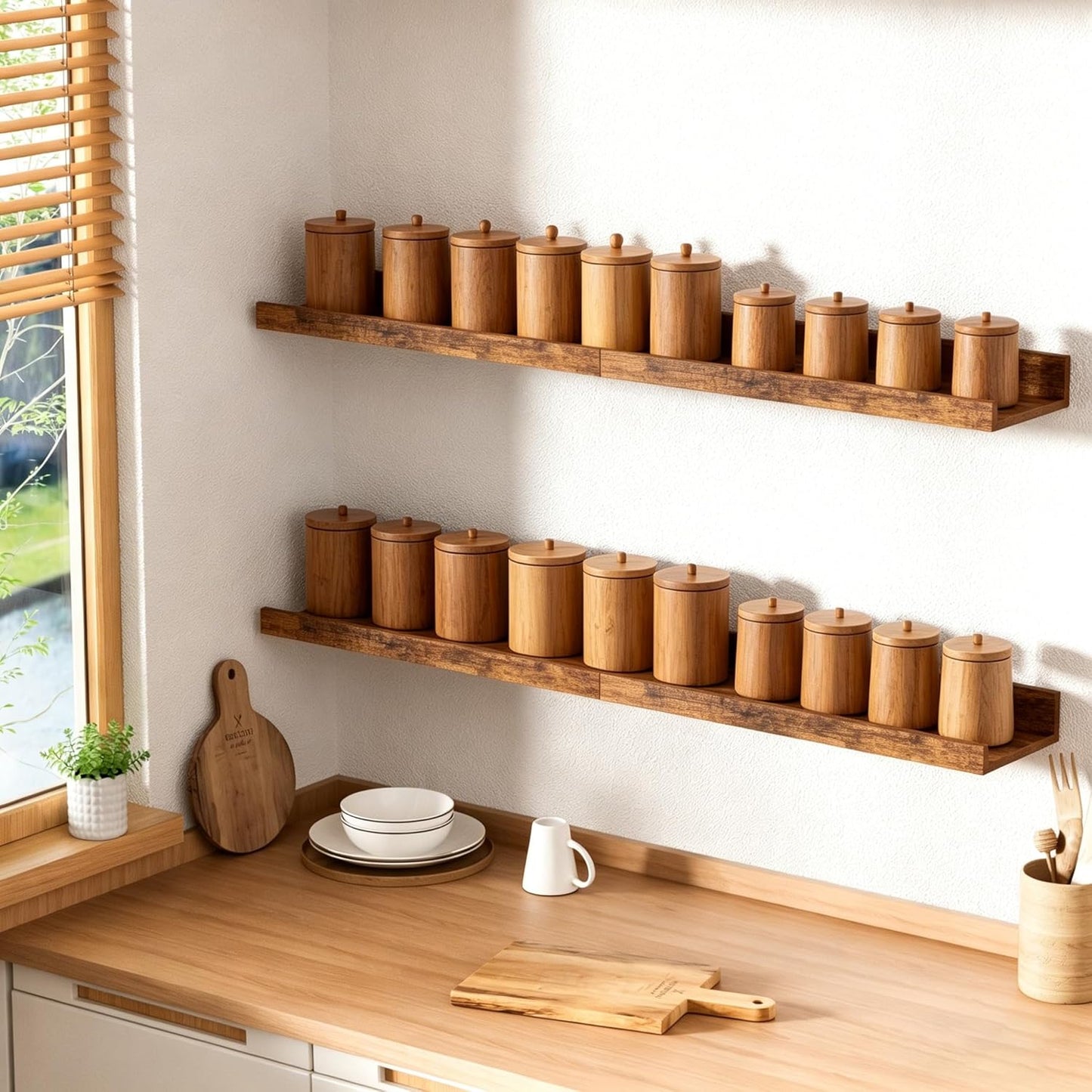 Upsimples Floating Wall Shelves - Set of 6 Decorative Wood Shelves for Bedroom, Living Room, Kitchen | Brown