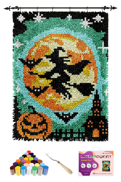 veirousa Halloween Flying Witch Latch Hook Kits for Adults Kids Beginners Pumpkin DIY Latch Hook Rug Kit Pre-Printed Hook and Latch Carpet Making Kits Cross-Stitch Wall Hanging Crochet Set 15x20 Inch