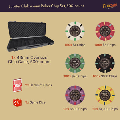 Playzaic 500-count Jupiter Club 43mm Oversize Casino Clay Poker Chip Set | 11-gram XL Chips in Locking Protective Case | 100% Clay Luxury Feel for Home Cash Games & High Stakes Tournaments