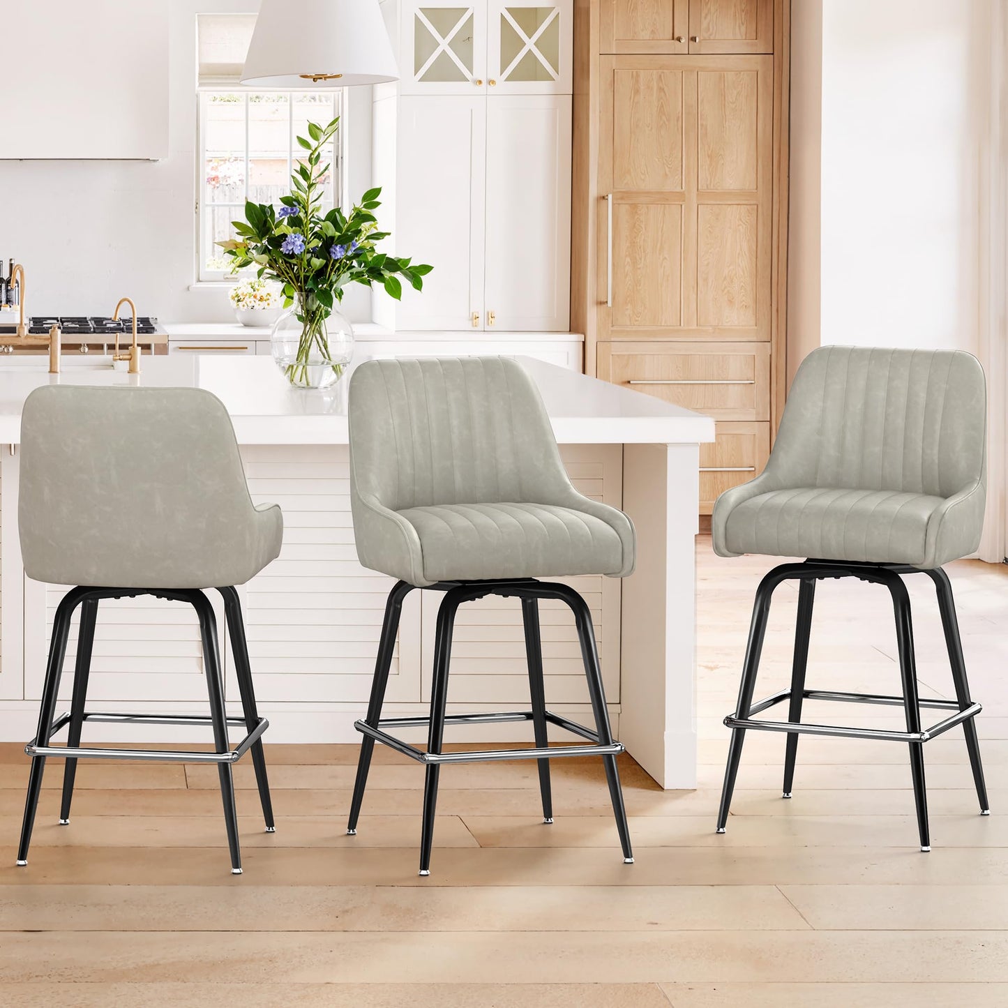 LUE BONA Counter Height Bar Stools Set of 3, 26" H Modern Barstools with Backs, Metal Frames and LightGrey Faux Leather Upholstered Accent Bar Stools for Kitchen Island