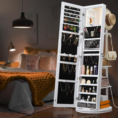 IRONCK 360° Swivel Mirrored Jewelry Cabinet with Full-Length Mirror, Charging Station, Lockable Standing Jewelry Organizer with Rear Storage Shelves, Interior Mirror, LED Lights, White