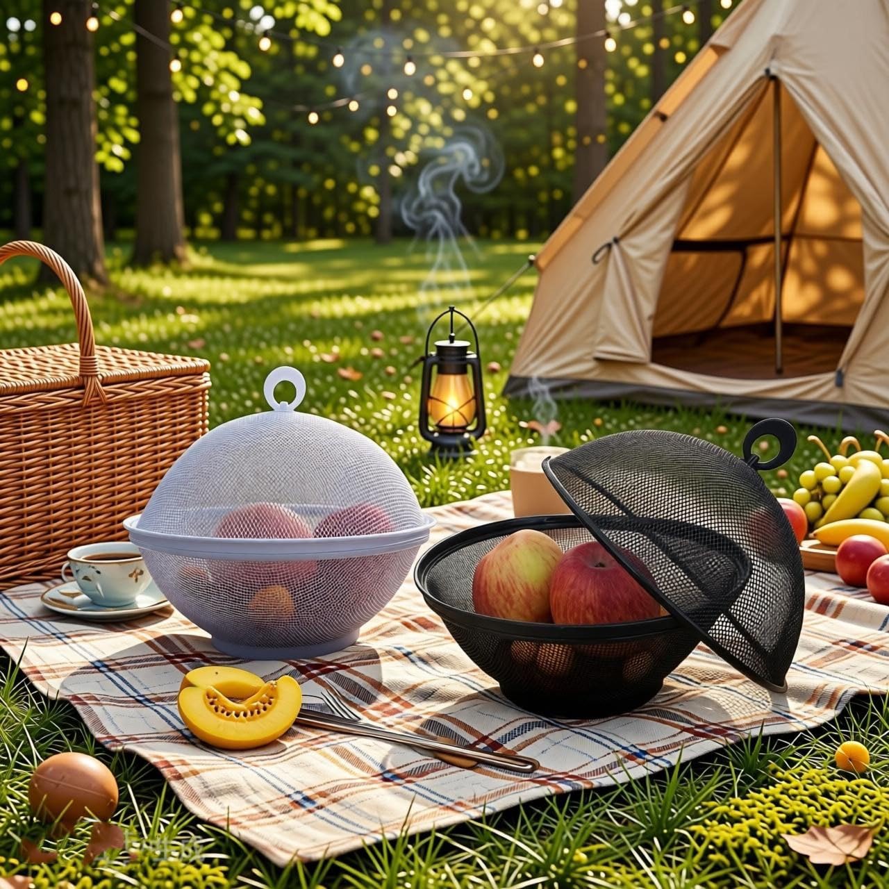 YELKPX Metal Mesh Fruit Bowl with Lid (Set of 2) - Fruit Fly Proof Kitchen Counter Storage Basket for Fruits, Vegetables, Bread - Black White Green Gray Options (Black & White)