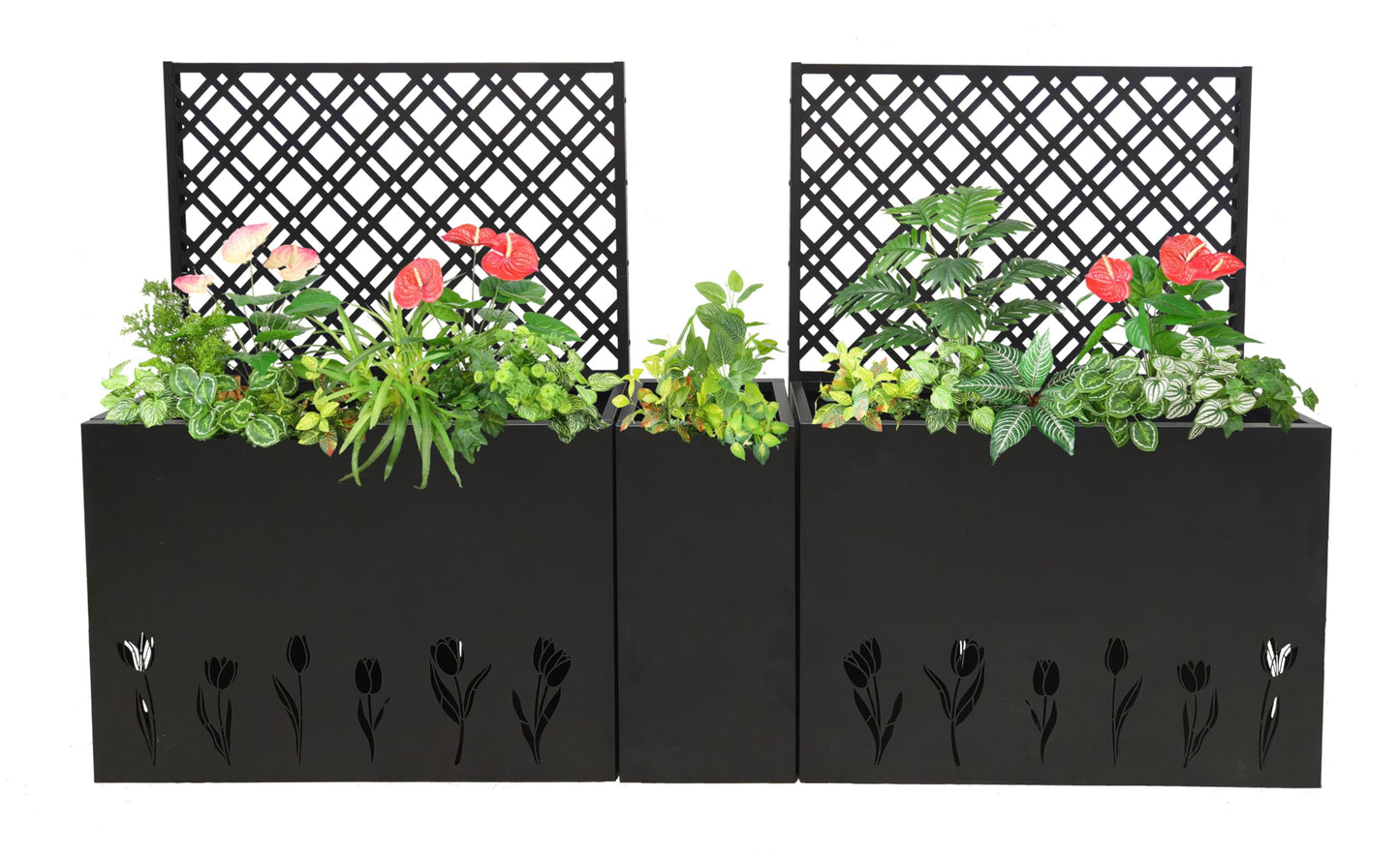 Sailret 3-Piece Metal Planter Box with Trellis, Raised Garden Bed Set with 2 Large & 1 Small Planters, Outdoor Privacy Planter for Patio Garden, Black