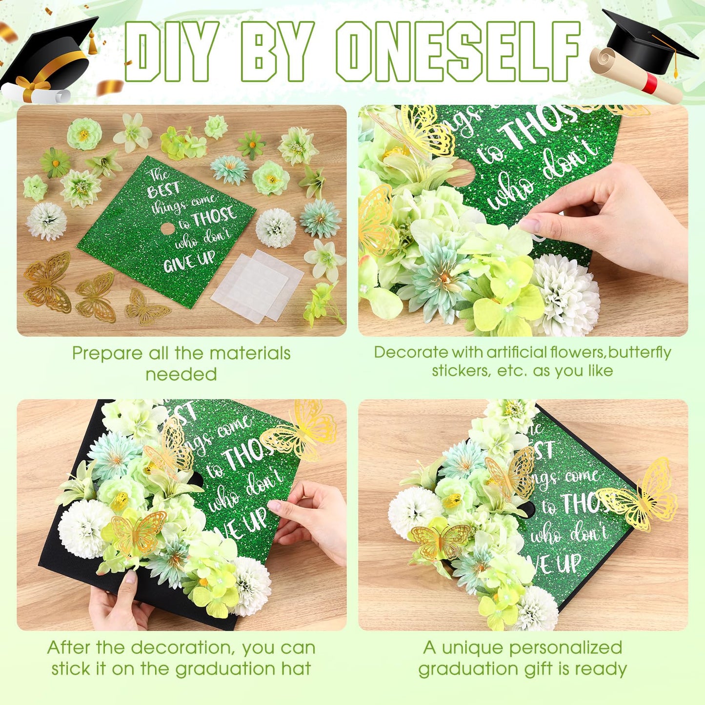 Dunzoom 34 Pcs DIY Graduation Cap Decorations Accessory Kit Artificial Flowers Inspirational Cardstock 3D Butterfly Stickers for DIY Hat Grad Cap Topper Graduation Party Supplies(Green)
