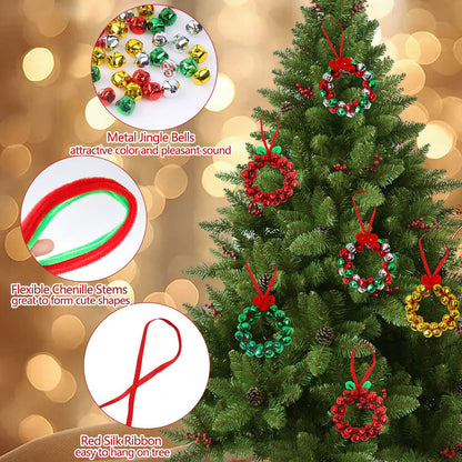 YBB 320Pcs Jingle Bell Wreath Ornaments Kit, 0.59inch Christmas Crisp Sound Bells for Craft with 20 Chenille Stems and Red Ribbon for Christmas Tree Party Decorations Kids DIY Crafts (Set of 10)