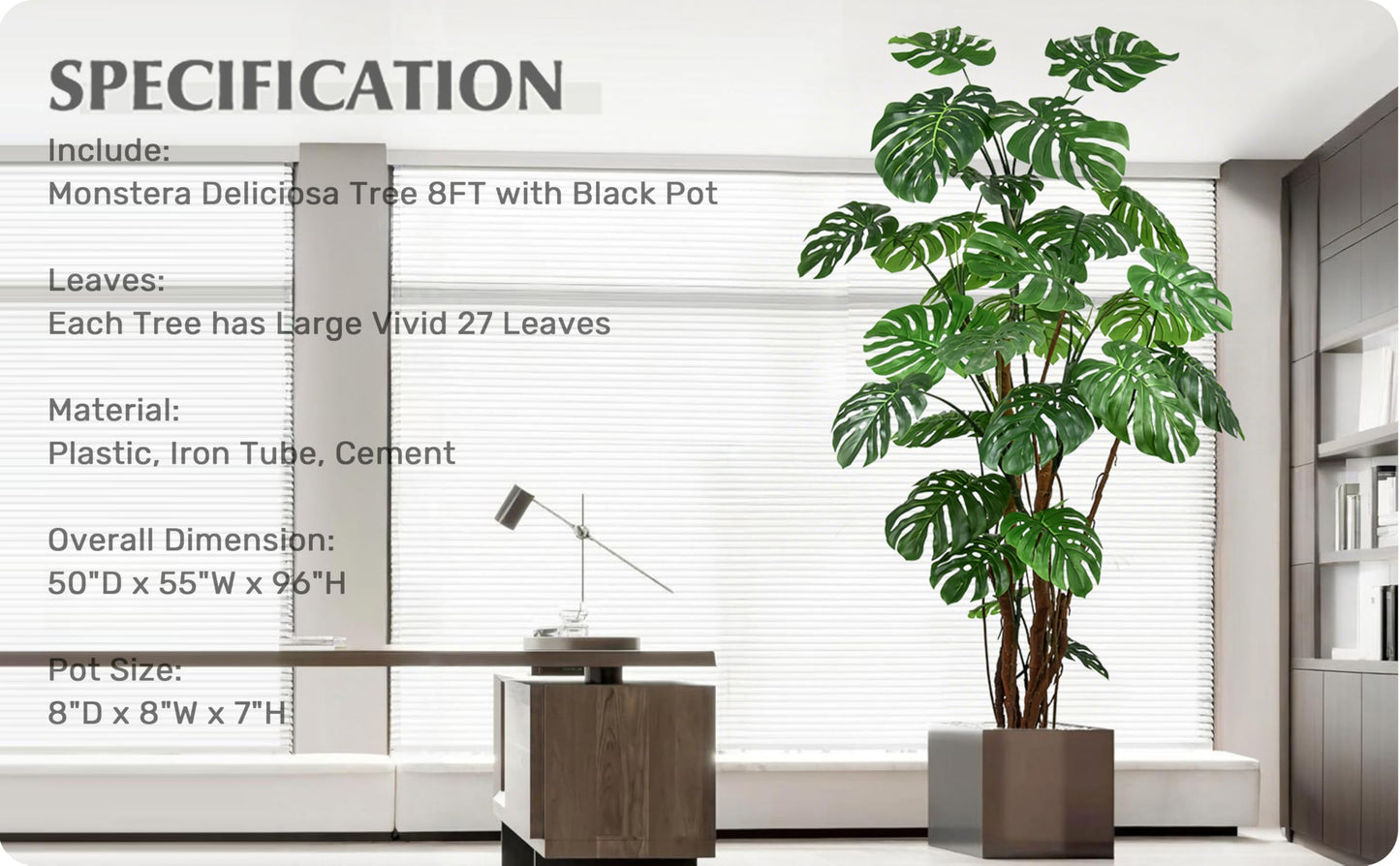 Roselywed Artificial Monstera Deliciosa Tree 8FT with 27 Split Leaves Realistic Tropical Swiss Cheese Plant 94 Inch Tall Large Fake Faux Palm Black Pot for Indoor Home Office Porch Mall Hotel Decor