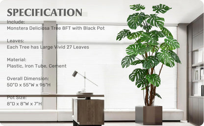 Roselywed Artificial Monstera Deliciosa Tree 8FT with 27 Split Leaves Realistic Tropical Swiss Cheese Plant 94 Inch Tall Large Fake Faux Palm Black Pot for Indoor Home Office Porch Mall Hotel Decor
