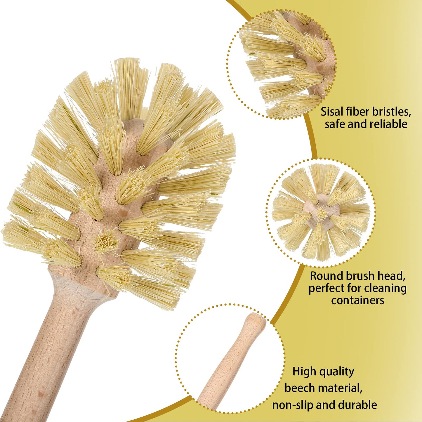 Gejoy 6 Pcs Natural Wood Dish Scrub Brush with Long Beechwood Handle Bristles for Cleaning Bottles, Mugs, Jars, Glasses, Dishes, Vases, Pitchers, 13.6 x 2.6 Inches